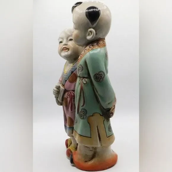 Vintage Antique Japanese Porcelain Polychrome Kutani Imari Double Statue 14"Tall - Picture 4 of 9